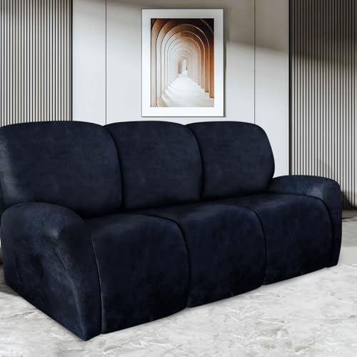 Image of ANARACHON Recliner Couch Cover Leather Look Recliner Sofa Covers for 3 Cushion Reclining Sofa Slipcovers 8-Pieces Furniture Protector Spandex Fabric Washable (3 Seater, 02 Navy)
