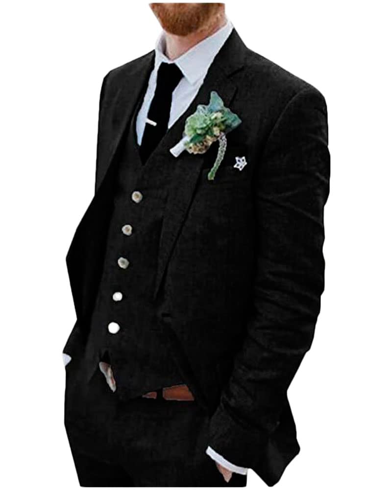 Botong Men's 3 PC Linen Wedding Suits Two Buttons Groom Tuxedos Single Breasted Beach Wedding Suit Business Suit Black 48 Chest / 42 Waist