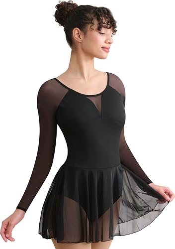 Hanebel Women Long Sleeve Ballet Leotard Skirted Dance Leotard for Women, V-shape Mesh Splicing, Full Front Lining(238111-06-M)