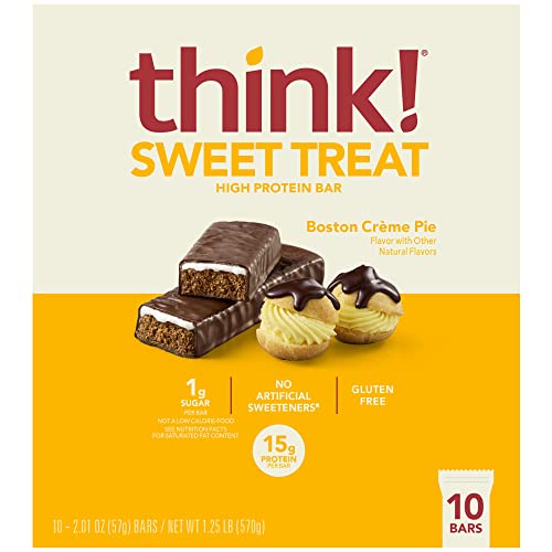 Think! Sweet Treat Protein Bar, 15G Protein, Gluten Free, On-The-Go Snack With Fiber, Low Sugar High Protein, Boston Creme Pie 10 Bars (57G Per Bar) #TOP1