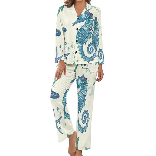 Pyjama manches longues femme au style aquarelle marine pour vos soirées cocooning