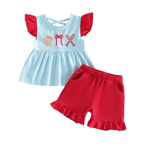 Saliuentm Toddler Baby Girl Baseball Outfit Striped Flying Sleeve Shirt Dress Tops and Solid Ruffle Shorts Set Girls Summer Clothes (A-Blue Red 18-24 Months)