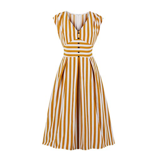 Sunnywill Women Dress, Sale! Fashion Women Sleeveless V-Neck Botton Vintage Striped Printed Casual Dress Womens Casual Slim Fit Floral Dress Loose Dress Yellow