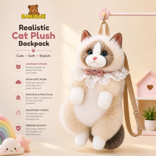 Image of Babique Realistic Cat Plush Backpack with Meow Sound, Cute Fluffy Kitty Soft Toy Shoulder Bag for Girls, Women & Kids, Kawaii Animal Plush Backpack for Travel, School, Daily Use & Birthday Gift, Cream