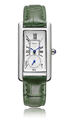 carlien Women Quartz Watch Lady Stylish Rectangle Dress Watch with Leather Strap and Sapphire Crown (Silver Green)