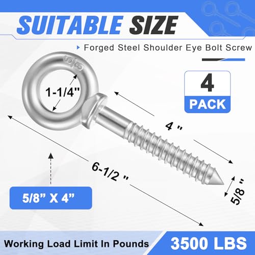 Image of LEIFIDE 4 Pcs Forged Steel Shoulder Eye Bolt Screw, Hot-Dipped Galvanized Forged Hook Screw Eye Bolt for Anchoring Chain and Wire Rope, 3, 500 Lbs Working Load Limit (5 /8 inch X 4 inch)
