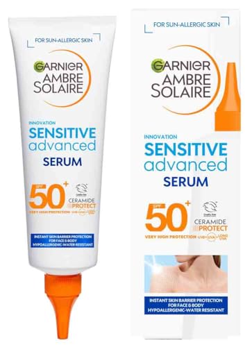 Garnier Ambre Solaire SPF 50+ Sun Protection Serum Face & Body, Non-Sticky, Non-Greasy Fluid Texture, No White Cast, Sensitive Advanced, 125 ml