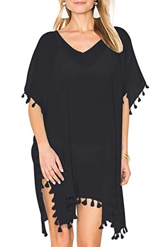 L-Peach Chiffon Pareo para Mujer con Borlas Bikini Cover Up Túnica de Playa Negro