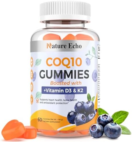CoQ10 Gummies, Coenzyme Q10 Supplement 100mg with Vitamin D3 2000 IU & K2 100mcg, Sugar Free, Heart Health, Bone Support & Antioxidant, Vegan, Non-GMO, Blueberry Flavor - 60 Gummies