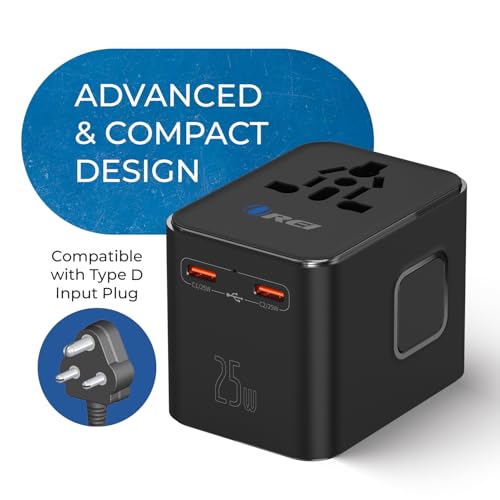 Image of Orei 25Watt Universal Charger Adapter | 2X USBC 1XUSB A - 4-in-1 International Travel Adapter | Universal Travel Adapter Compatible 150+ Countries | Type C, A, G, I Compatible, Black