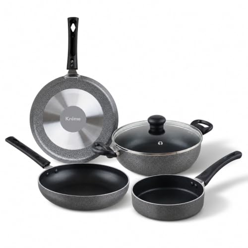 Image of Kreme Non Stick Cookware Set 4pcs | Aluminium Cookware Set Combo | Non Stick Flat Tawa, Fry Pan, Sauce Pan, Kadhai with Lid | Uses Less Oil | Non-Induction Base | Gas Stove Compatible Kitchen Set
