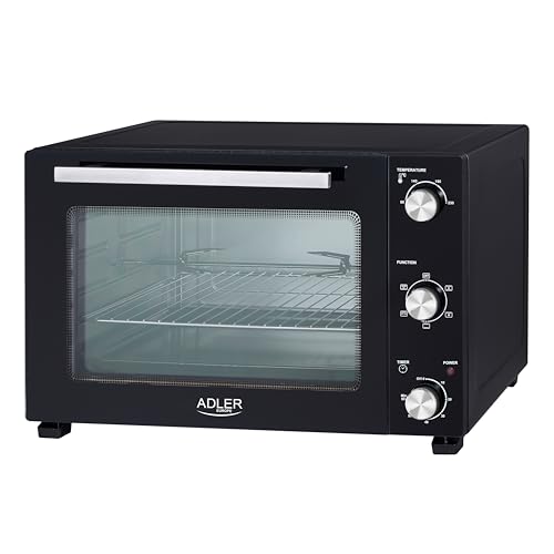 Adler Horno Eléctrico de 48 Litros AD 6026, temperatura Ajustable hasta 230°C, temporizador de 60 Minutos, función de convección y asador giratorio, 5 modos de horneado, Color Negro