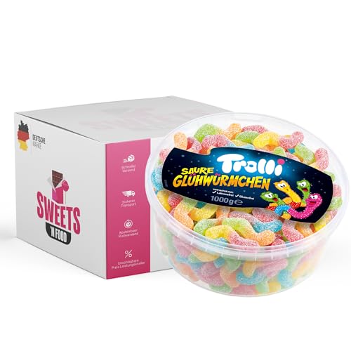 Trolli Saure Glühwürmchen - Explosiv-Saurer Geschmack, 1kg Wiederverschließbare Dose - Saure Würmer | Mit stylishem SWEETS´N FOOD Packband verpackt
