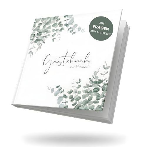 MAVANTO Gästebuch Hochzeit mit Fragen zum Ausfüllen - Hochwertiges Hochzeitsgästebuch für unvergessliche Erinnerungen (44 Doppelseiten Eukalyptus)