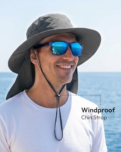 Image of Sun Hats for Men Wide Brim Bucket Hat with Neck Flap for Fishing & Hiking Mens Sun Hat for UV Protection