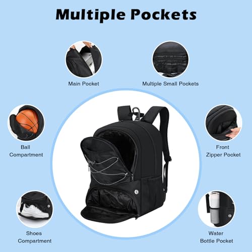 MoKo Basketball Tasche Rucksack, Fußballrucksack für Männer & Frauen mit getrennten Ball- und Schuhfächern, wasserdicht, Zaunhaken, Sporttasche für Kleidung, Schuhe, Tablets, Laptops, Schwarz