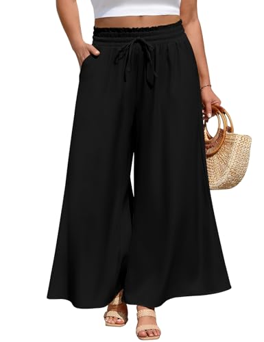 PASUDA Pantalon Fluide Femme Été Grande Taille Léger Pantalons Ample Décontractée Longueur Taille Haute Elastique Jambe Large Palazzo Pantalons Chic et...