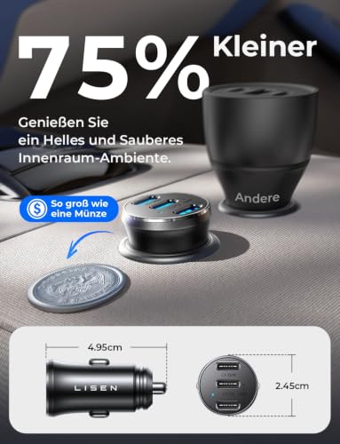LISEN 108W Zigarettenanzünder USB C, [PD3.0 Superschnelles Laden] 3-Port Autoladegerät Zigarettenanzünder, KFZ Ladegerät USB C… – Ansicht 5