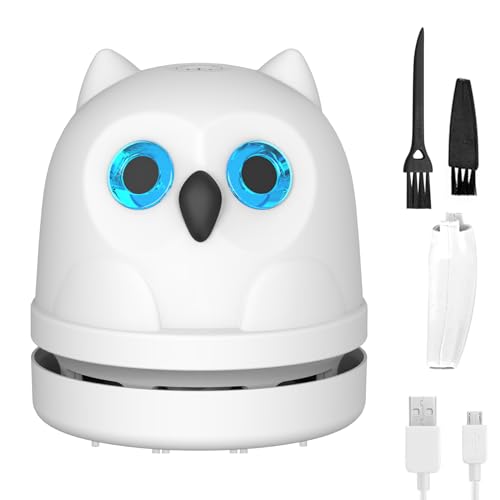 Hallocool Mini Desktop Vacuum Cleaner Owl Desk Vacuum Cleaner Cute Desk Vacuum Sweeper for Cleaning Eraser Waste, Crumbs, Hair, Paper Scraps on Computer Piano Keyboard Countertop Car