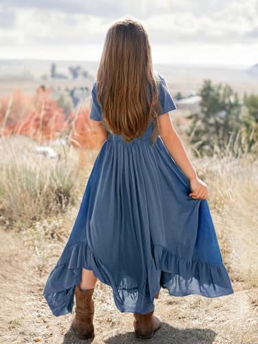 Seechoslo Tween Girls Maxi Dress Short Sleeve Casual Flowy Boho Style Summer Long Dress for Girls Big Kids Size 8-14 Years3