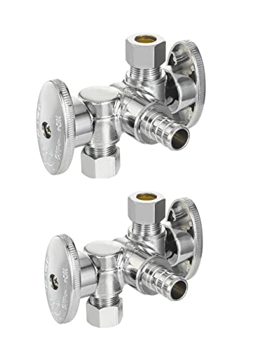 EFIELD Zestaw 2 podwójnie kompresyjnych zaworów wylotowych 1/4 obrotu z 2 zaworami odcinającymi/uchwytami, wlot do węża Pex do zaciskania rowków 1/2" X (9,5 x 9,5 mm), chromowane