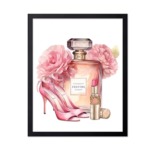 Image of Poster Master Pink Designer Print - Fashion Poster - Shoes, Lipstick & Perfume Art - Chic Gift for Women & Fashionista - Glam Decor for Bedroom or Girl's Room - 11x14 Black Framed