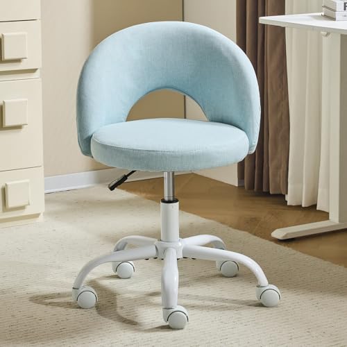 VINGLI Small Vanity Chair with Wheels for Girls.Cute Modern Adjustable Height Armless Office Desk Chair.360°Swivel Comfy Rolling Chair for Study, Make up Room,Small Space,Linen Light Blue