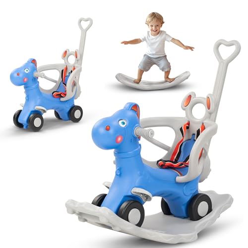 Image of 3 in 1 Baby Rocking Horse Ride On Car for Kids | Baby Rocking Chair with Parental Handle, Balance Board & Safety Belt | Push Ride On Toy Car for Kids 1-3 Years Boys Girls (Dark Blue)