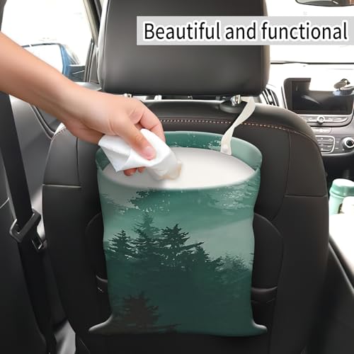 Image of Car Trash Can, Hanging Garbage Bin for Men and Women, Cute Car Organizer and Storage Bag, Canvas Vehicle Trash Can Bag Easy-to-Install Cute Green Mountain