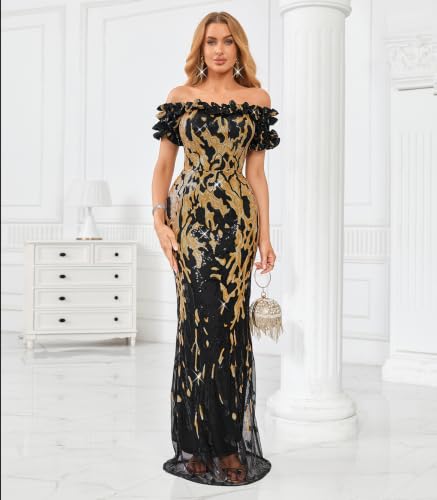 Image of dasmzper Women Sexy Sequin Off Shoulder Ruffle Short Sleeve Bodycon Mermaid Party Formal Evening Maxi Dress