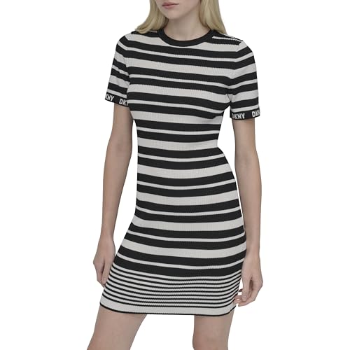 DKNY Women's Short Sleeve Jewel Neck Unlined Fitted Sweater Dress, Black/Ivory, Small
