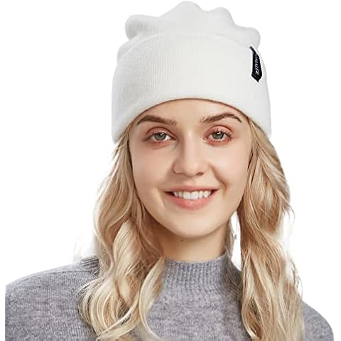 Somaler Womens Knit Beanie Hat Cashmere Wool Winter Hats for Women Men Soft Warm Unisex Cuffed Slouchy Beanie Ski Cap, Logo-white, One size Cover