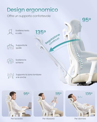 Sedia da Ufficio Ergonomica, Sedia da Scrivania Computer, Poggiatesta e Supporto Lombare Regolabili, Portata Fino a 150 kg, Regolabile in Altezza, Beige Sabbia OBN066LF01 - Sedia gaming - Immagine 3