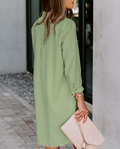 Image of Aoudery Womens Button Down Shirt Dresses with Pockets Cotton Button Up Tunics Long Sleeve Solid High Low Blouse Tops-Olive Green-L