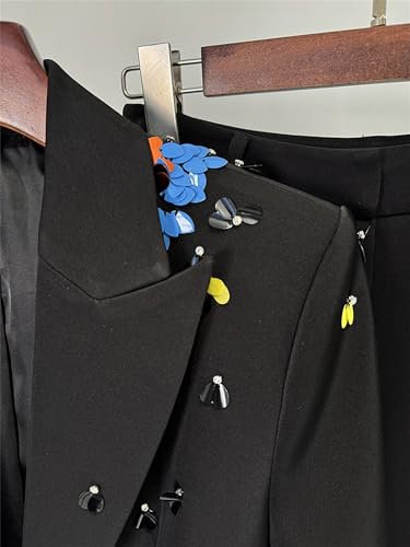 Women's 2025 Spring Elegant 2 Pcs Set Sequins Patchwork Packets Lapel Blazer High Waist Long Pant Female Suit3