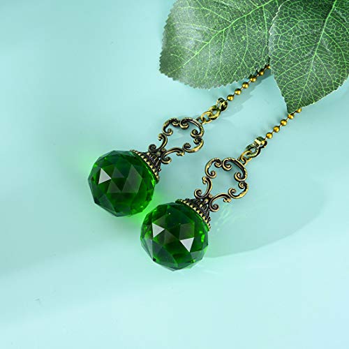 Image of Set of 2 Vintage-Style Green Fan Pull Ceiling Fan Chain Pulls Crystal Prism Ball