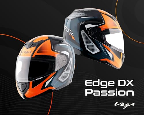 Image of Vega Edge DX Passion Full Face Riding Helmet with Lightweight Shell, Comfortable Liner, Shock Absorbing Interior, Ventilated Fit, Aerodynamic Build, and Modern Black Orange Styling Black Orange-M