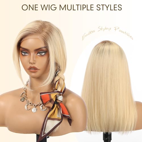 Image of KKU 100% Human Hair Wigs for Women,Real Human Hair Wigs,Side Swept Bangs Lace Front Wig(16 Inch,Ombre Blonde)