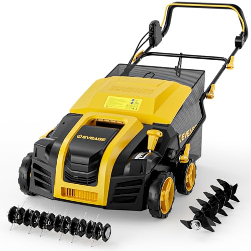 2026 Upgraded Electric Dethatcher Scarifier 16-Inch, EVEAGE 2-in-1 Lawn Dethatcher with 5-Position Depth Adjustment, 14.5-Gallon Collection Bag, Quick-Fold Lawn Scarifier for Healthy Lawn