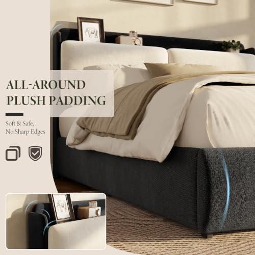 Image of Garvee Chenille Full Size Bed Frame with Recessed Shelf- Black & Beige