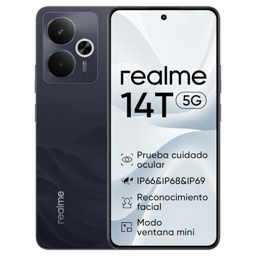 realme 14T 5G Smartphone 8+256GB Esport AMOLED 6.67' 120Hz Chip Dimensity 6300 Liquid Design Next AI, IP69 impermeable, 5260 mAh, sin adaptador, color obsidiana, negro