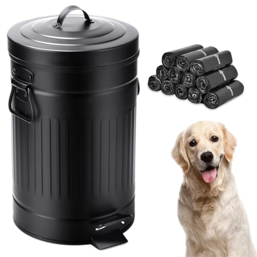 Umtiti Dog Poop Trash Can with Lid for Outdoors?12-Liter Trash Can with 180PCS Black Plastic Bags, Pet Waste Container?Black-Y+180BK