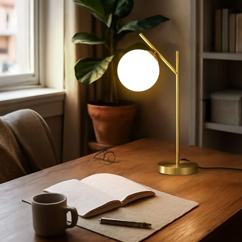 Image of Globe Table Lamp Set of 2, Brass Glass Globe Desk Lamp with Milky White Glass Shade, Contemporary Metal Bedside lamp for Bedroom Living Room Study Room