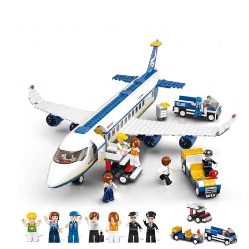 Image of SKY LINE OCEAN Passenger Airplane Building Set, Airport Playset with Shuttle Bus, Luggage Truck, Boarding Stairs, and 7 Minifigures, STEM Toy for Kids Aged 6-12 || 2 Years Warranty || (463+ Pieces)