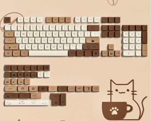 Womier キーキャップ XDA プロファイル ブラウン PBT キーキャップセット, 140キー, コーヒーキャット テーマ, Cherry Gateron MX スイッチ対応, 染料昇華, 6.25U/7Uスペースバー付き