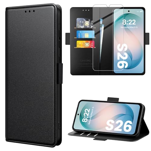 caslord Coque Compatible avec Samsung Galaxy S26 5G [Verre Trempé Protection *1][Pochette de Portefeuille*3][Blocage RFID][ Premium PU] Etui à Rabat avec...