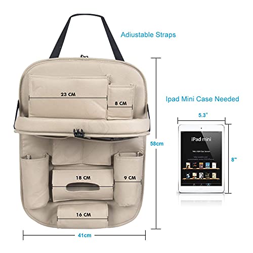 Image of Premium Car Backseat Organizer with Foldable Tray | Multi-Pocket Storage for Tablets, Phones, Bottles & Travel Essentials Seat Back Organizer (Beige)