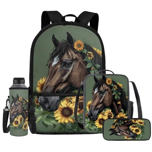 Horse School Backpack with Lunch Bag for Boys 3Rd Grade/4Th Grade Bookbag Lunch Box Pencil Case Water Bottle Holder Back Pack Kids Daycare Bag School Satchel Bag