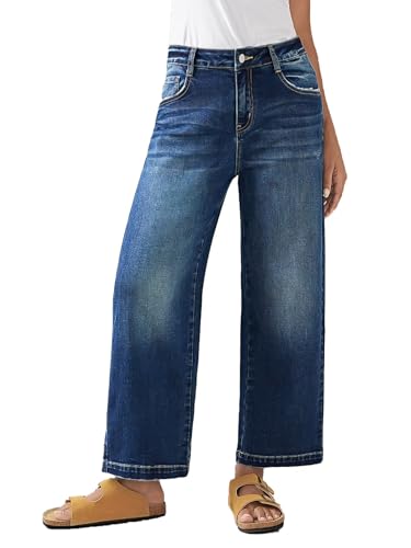 Flamingals Wide Straight Leg Cropped Jeans for Women Mid Rise Baggy Casual Wash Denim Pants