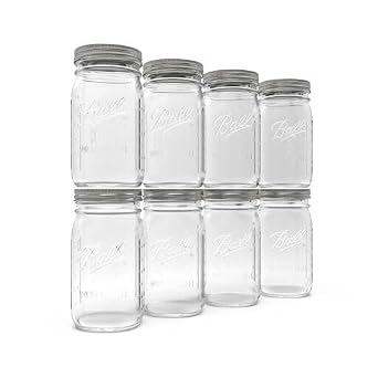 Ball Wide Mouth Glass Mason Jars with Lids and Bands, Used for Canning, Pickling, Juice, Jam, Jelly, Quart Size 32 Ounce Pack of 8